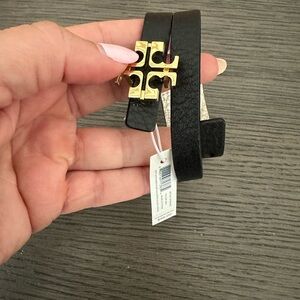 Tory Burch Black Leather Bracelet with Gold Logo